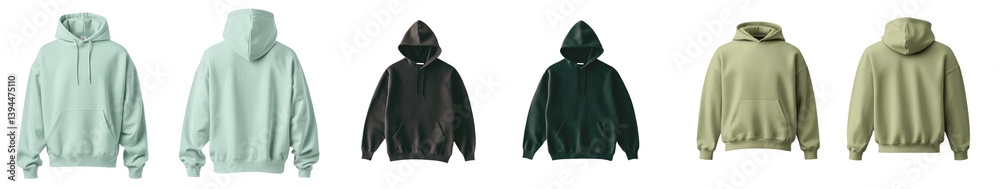 Poster Minimalist mockups of hoodies showcasing various colors and styles in a clean, isolated setting for trendy apparel display