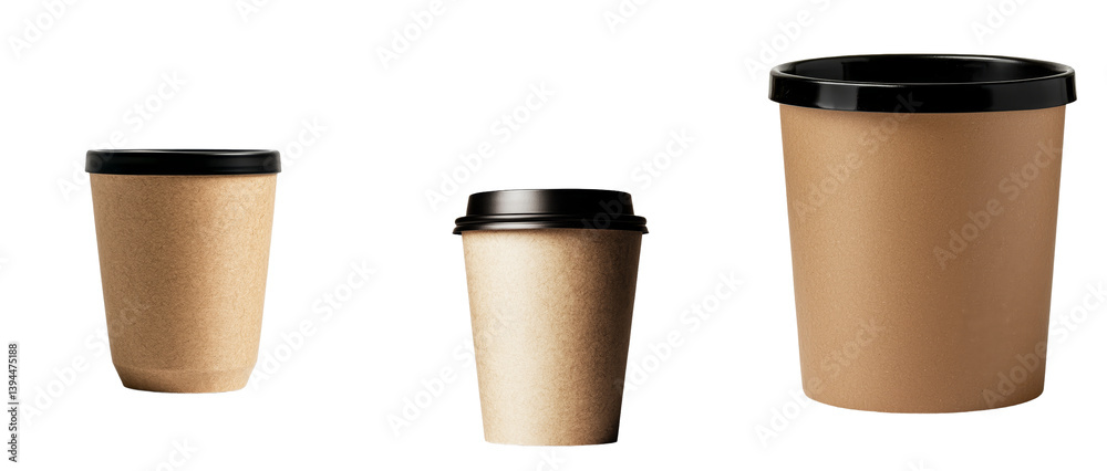 Fototapete minimalist mockups of three different sizes of disposable paper cups in isolated presentation