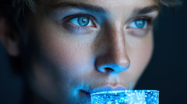 Person drinks glowing digital water in a futuristic kitchen promoting healthy information consumption