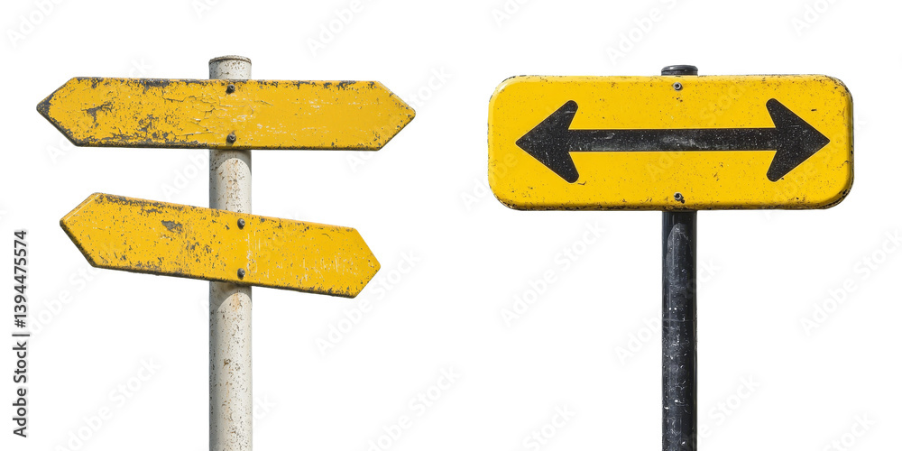 Poster Two weathered yellow directional signs with contrasting arrows on isolated backgrounds offering guidance