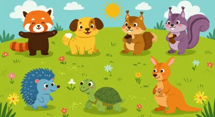 Fototapeta premium Adorable Animals in a Sunny Meadow - Cute cartoon animals enjoying a sunny day in a green field with flowers. Perfect for children's books, educational materials, or websites