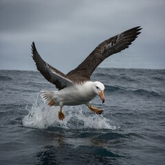 An albatross landing with its webbed feet touching an unseen surface.



