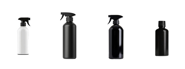 Minimalist mockups of spray bottles in varied shapes and colors for clean and modern design concepts