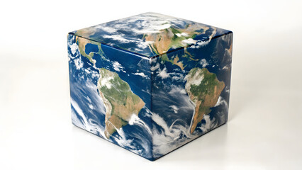 realistic depiction of Earth morphed into perfect cube, showcasing continents and clouds in vivid detail, evoking curiosity and wonder
