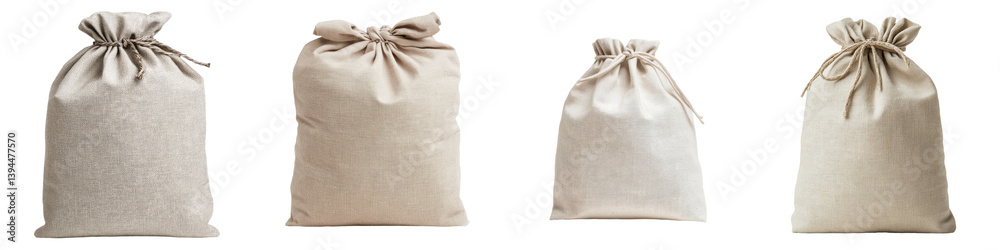 Poster simple and elegant linen drawstring bags arranged in a minimalist style for creative packaging and s