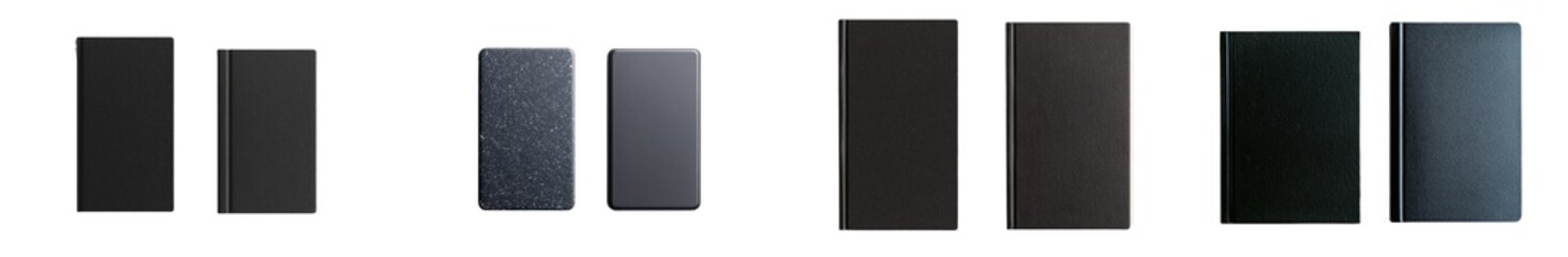 Minimalist mockups of black notebooks and journals arranged in an isolated layout for design presentations
