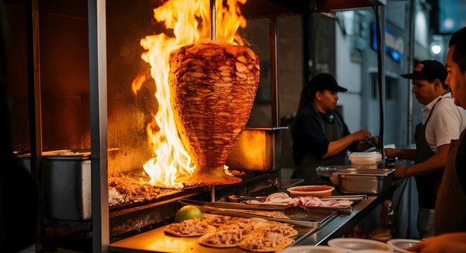 Al Pastor meat roasting over flames at a busy taco stand