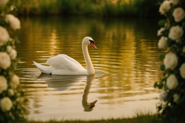 Fototapeta premium Elegant swan amidst floral reflections.