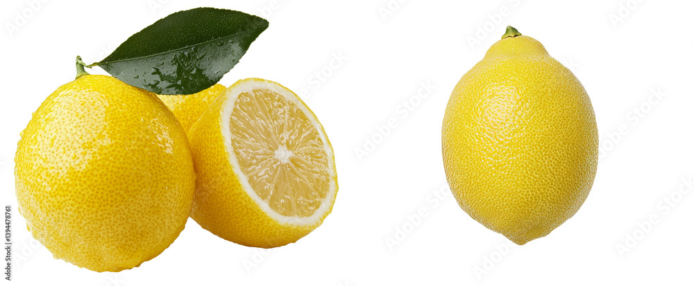 Poster freshly sliced lemons beside whole lemons on a white background in a minimalist display
