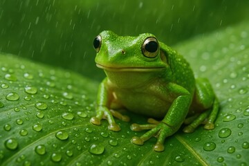 Obraz premium Vibrant frog on dewy leaf.