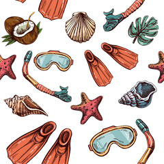 Hand drawn sketch seamless pattern with diving equipment, shells and sea stars, hand drawn. Hand drawn sketch  with scuba mask and aquatic underwater.