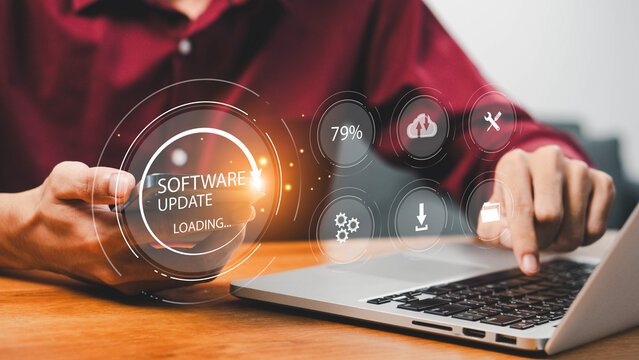 Update software application upgrade technology concept. Improved functionality in the new version and improved security. Software update or operating system upgrade, Installing app patch.