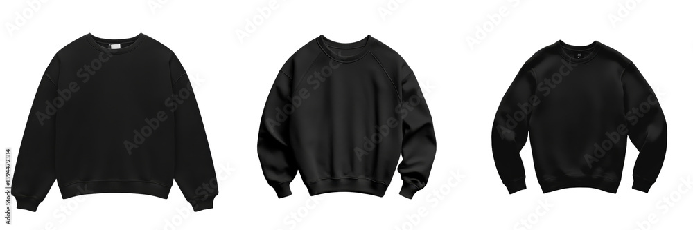 Poster minimalist mockups featuring three black sweatshirts in an isolated layout highlight contemporary ap