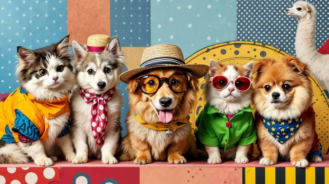 Funny group of cats and dogs in colorful outfits posing together for a playful portrait