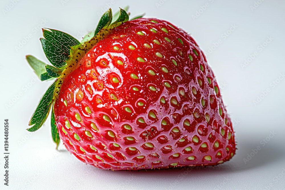 Poster a close-up shot of a ripe, red strawberry with green leaves, showcasing its vibrant color and textur