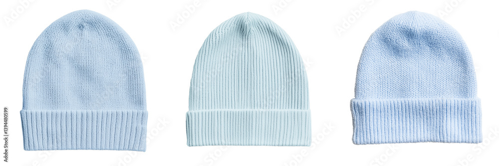 Aufkleber Three isolated minimalist mockups of light blue beanies showcasing different textures and styles on a clean background