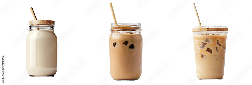 Poster minimalist mockups showcasing different beverage styles in mason jars with wooden lids and straws