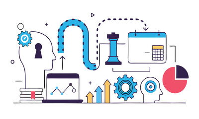 depicting a brain and a gear  Data Analytics Concept – Line Art Illustration of Machine Learning, Human Brain with Gears, Business Intelligence, and Digital Transformation Elements.