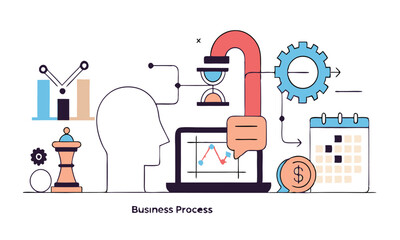 depicting a brain and a gear  Data Analytics Concept – Line Art Illustration of Machine Learning, Human Brain with Gears, Business Intelligence, and Digital Transformation Elements.