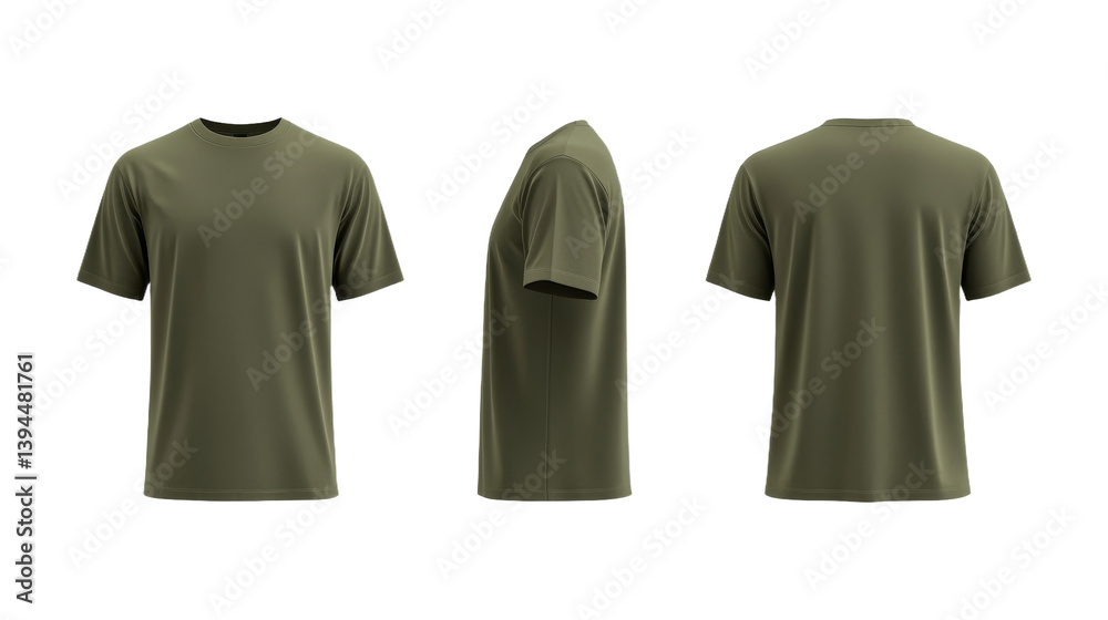 Aufkleber Minimalist mockups showcasing simple olive green t-shirts from multiple angles against a plain background