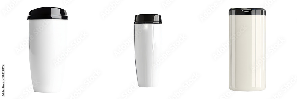 Fototapete minimalist mockup collection of isolated containers with black lids showcasing blank surfaces for ve