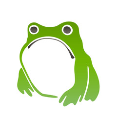 Green frog sitting on the ground. Minimalist depiction of a frog focusing on its eyes and limbs. Colored illustration in the style of a Japanese woodblock print. Isolated on white background. Vector