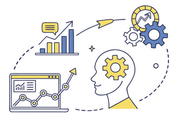 depicting a brain and a gear  Data Analytics Concept – Line Art Illustration of Machine Learning, Human Brain with Gears, Business Intelligence, and Digital Transformation Elements.