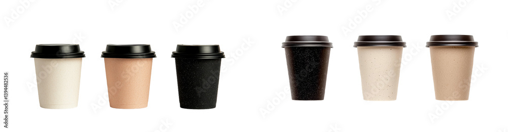 Poster minimalist mockups of coffee cups showcasing various colors and designs on a clean background