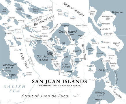 San Juan Islands, part of Washington state, gray political map. Archipelago in the Pacific Northwest of United States, east of Vancouver Island, in the Salish Sea, forming the core of San Juan County.