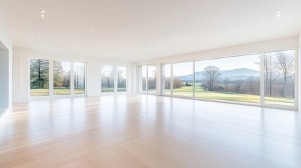 Fototapeta premium Spacious, modern open-plan living area with large windows showcasing a scenic view of a golf course and countryside