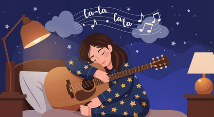Girl playing guitar at bedtime for storytelling, music education, and children’s content