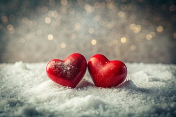 Fototapeta premium Romantic Valentines Day Scene Two Red Hearts on a Snowy Winter Slide A Timeless Image of Love and