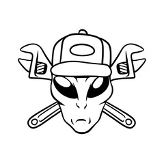 Alien Face with Cap and Crossed Wrenches Cartoon Mascot Vector Illustration