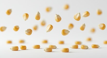 Falling Corn Kernels on White Background - Many yellow corn kernels falling and resting on a white surface. Perfect for food, agriculture, or harvest themes