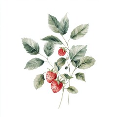 A delicate watercolor illustration of strawberry plants with vibrant red berries and green leaves, showcasing botanical beauty.