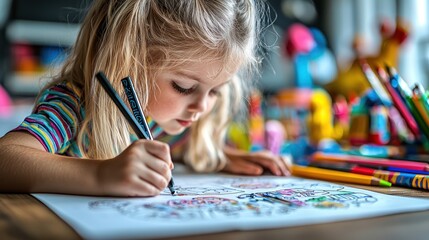 Concentrated girl drawing colorful picture.