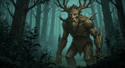Fototapeta premium Forest Treant Guardian - A majestic treant stands in a mystical forest, its bark-like skin and antler-like branches blending seamlessly with the ancient trees