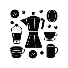 Vector set of tea cups, kitchen drink icons for hot tea and cafe.