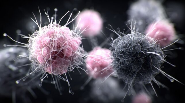 Microscopic view of colorful, spiky cells, showcasing intricate details of cellular structures in a dark background.