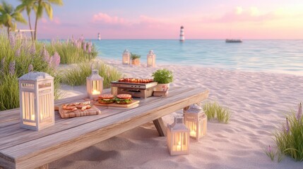 Obraz premium Romantic Beach Picnic at Sunset Grilled Food, Lanterns, and Ocean View