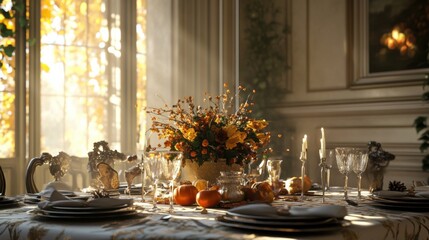 A beautifully arranged dining table featuring elegant glassware, floral centerpiece, and warm autumn lighting, creating a cozy and inviting atmosphere.