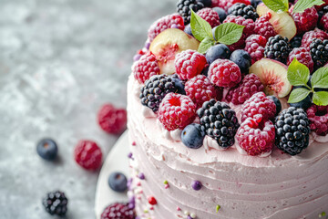 A delicious berry cake with pink frosting and topped with raspberries, blackberries, blueberries, and peach slices on a textured surface.