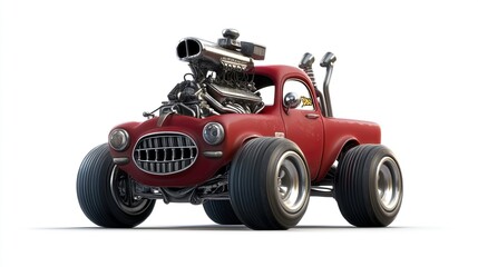 Cartoon red vintage pickup truck with big engine.