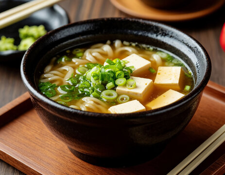 .Japanese misu soup with tofi. AI generated.