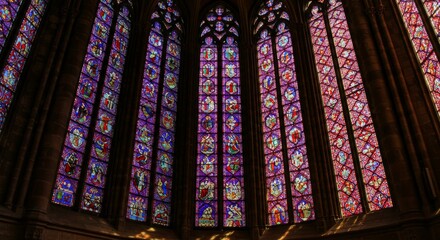 Obraz premium Gothic Cathedral Stained Glass Window - Stunning of a large Gothic cathedral stained glass window, showcasing intricate designs and vibrant colors