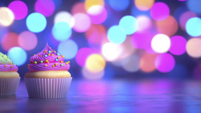 Delightful festive cupcakes with colorful frosting and sprinkles, set against vibrant bokeh background, create joyful