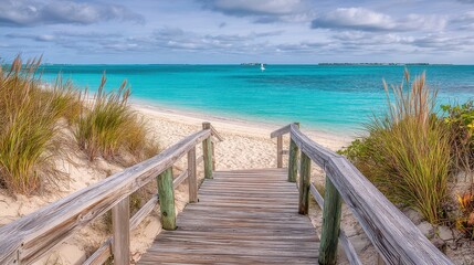 Fototapeta premium Wooden Boardwalk to Turquoise Beach Under Cloudy Sky