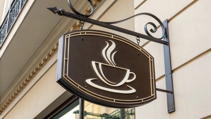 Coffee shop sign with a steaming cup design hanging outside a building.