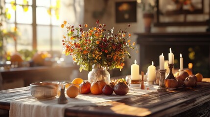 A cozy table setting adorned with a vibrant flower arrangement, candles, and fresh fruits, illuminated by warm, natural light.