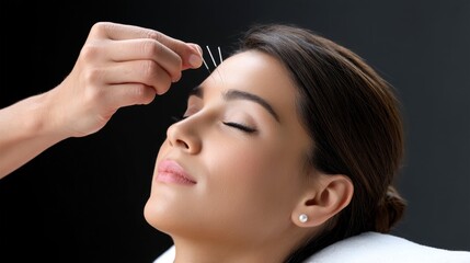 Fototapeta premium Acupuncture treatment, Woman receiving eyebrow threading treatment in a salon.